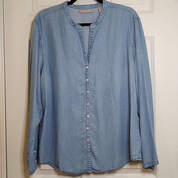 Kate Hill Denim Split Neck Long Sleeve Button Down Shirt Vintage - Picture 1 of 8